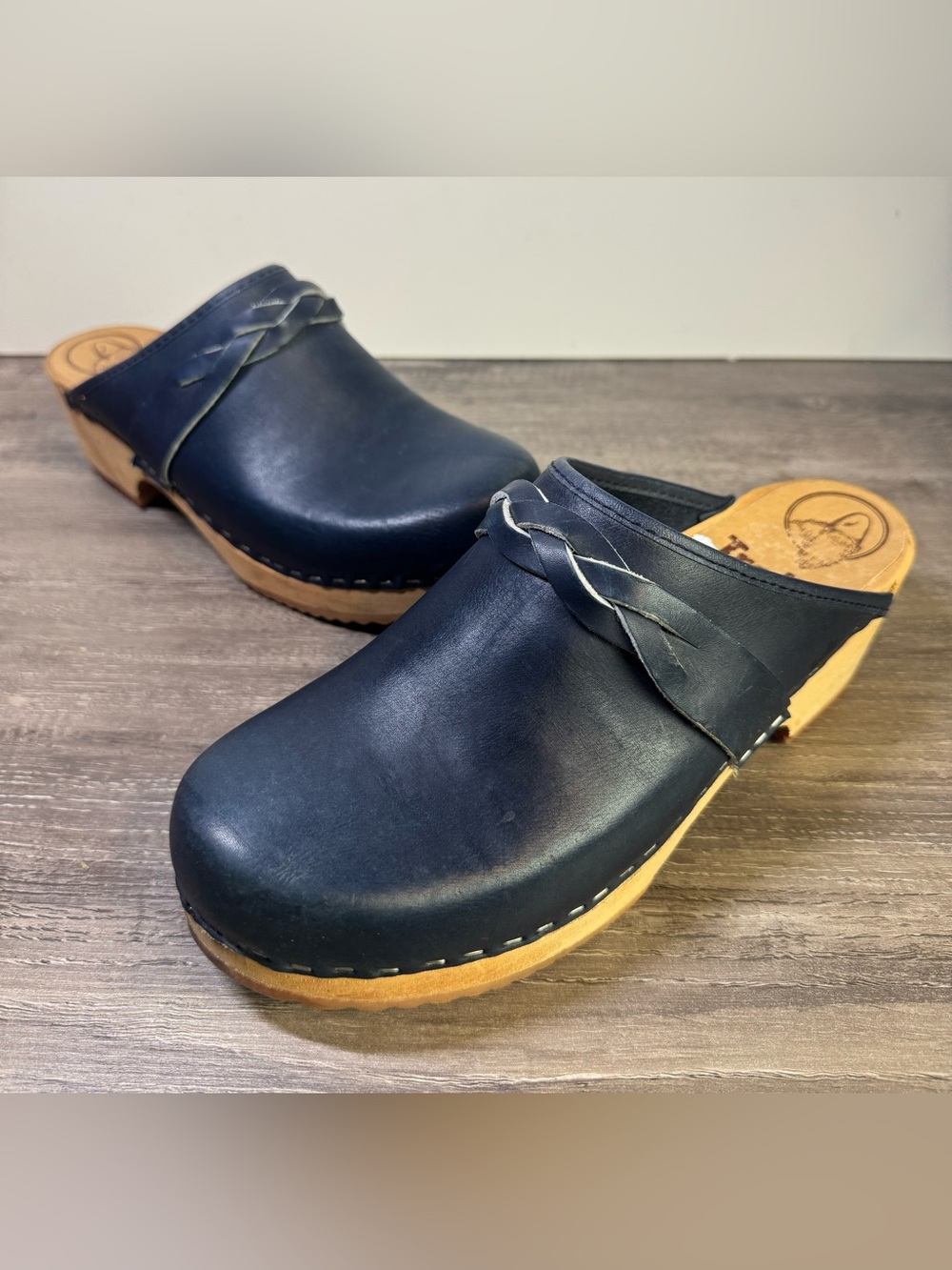 Trolls by Samhall Swedish Navy Braided Leather Clogs handmade size 39/US8-8.5